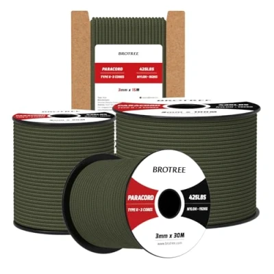 Abbildung von Brotree Paracord 3mm 100M 100% Nylon Seil Schnur Typ II 425 mit 3 Kern für Survival, Outdoor, Armband, Basteln Bruchlast 192kg (Armee Grün)