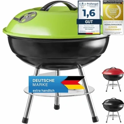 Abbildung von Micro BBQ Campinggrill Kugelgrill Mini Grill; Kompakter Reise Holzkohle Grill Tischgrill Edelstahl emailliert 38cm (Grün)