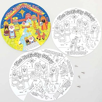 Abbildung von Baker Ross FC290 Weihnachtsgeschichten Rad 5er Pack, Weihnachtsbasteln für Kinder zum Ausmalen und Dekorieren