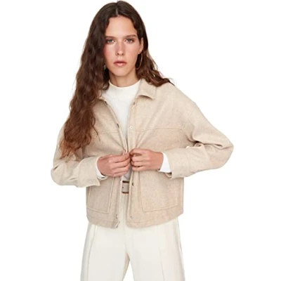 Abbildung von Trendyol Damen Oversize Shift Plain Webstoff Winterjacke Coat, Beige, L EU