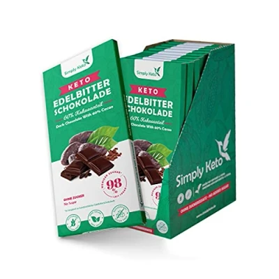 Abbildung von Simply Keto Lower Carb* Schokolade mit 60% Kakao Edelbitter ohne Zucker Gesüßt Erythrit statt Nur 4g Netto Kohlenhydrate pro 100g Glutenfrei &amp; Vegan, 12 x