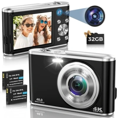 Abbildung von Digitalkamera, AutoFocus 4K Kompaktkamera Fotokamera mit Dual Kamera 32GB Speicherkarte HD 48MP 16X Digitalzoom 2,8&quot; großem Bildschirm Fotoapparat Digitalkamera für Einsteiger（Schwarz）