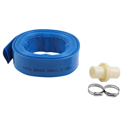 Abbildung von KATSU Flachschlauch Ablaufschlauch 10 m x 38 mm, mit 2 Clips und Schnellkupplungsanschluss, Passend für Tauch andere Wasserpumpen zum Entleeren von Teichen, Gartenbewässerung, Blau 664443