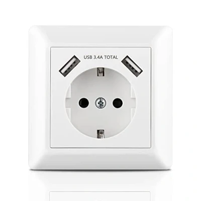 Abbildung von Kaifire USB Steckdose, Unterputz Steckdose mit Ladegerät Anschluss (Max. 3.4A) System 55 Reinweiß Glänzend Schuko Wandsteckdose Rahmen Passent in Standard Unterputzdose