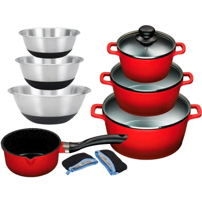 Abbildung von KING Topf Set, Aluminiumguss, (Set, 12 tlg., je 1 Kochtopf 16/20/24 cm, Stieltopf 16 3 Schüsseln, Grips), Keramikantihaftbeschichtung,Rührschüsseln,Induktion