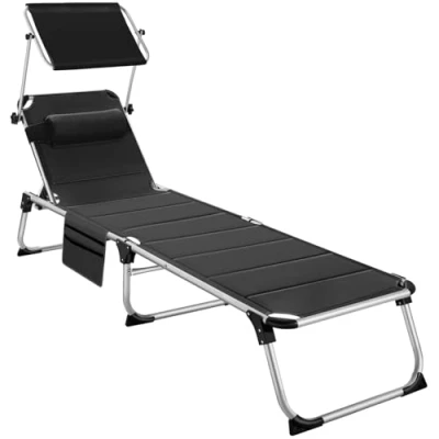 Abbildung von tectake® Sonnenliege mit Dach, Liege klappbar Kopfkissen + Seitentasche, zusammenklappbar, leicht tragbar, Strandliege, Liegestuhl für Garten, Camping schwarz