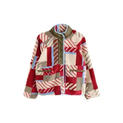 Abbildung von Next Popper Front Fleecejacke, Damen, Größe: XLxR, Beige red khaki green abstract print