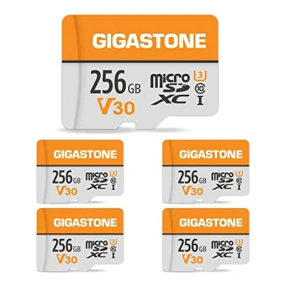 Abbildung von Gigastone 256GB MicroSDXC Speicherkarte 5er Pack + SD Adapter, für Action Kamera GoPro Drohne und Tablet, Lesegeschwindigkeit bis zu 100MB/s, 4K UHD Videoaufnahme, Micro Karte UHS I A1 Klasse 10 U3