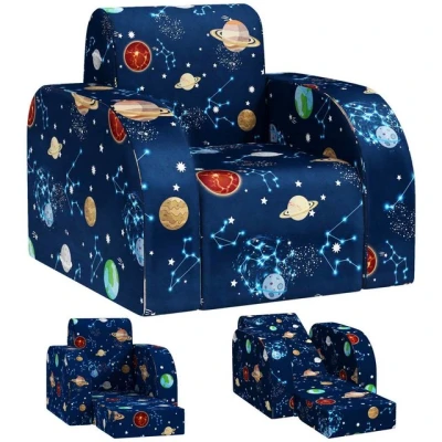 Abbildung von AIYAPLAY Kindersessel, 2 in 1 Klappbar Kindersofa mit Liegefunktion, Planetenmuster, Gepolserter Kinderstuhl für Kinder ab 1,5 Jahre, Kinderzimmer, Spielzimmer, Blau