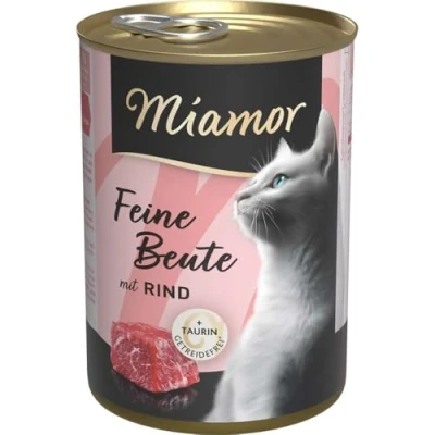 Abbildung von MIAMOR Feine Beute Nassfutter für ausgewachsene Katzen mit 7 Sorten Fleisch und Innereien. Getreidefreies Alleinfutter Taurin in der Dose ohne künstliche Zusätze 12x400g Rind