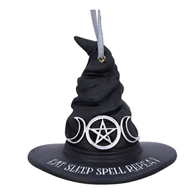 Abbildung von Nemesis Now Eat Sleep Spell Repeat Hexenhut Hängeornament 9 cm, Harz, schwarz, Exklusives Hexen Design, Halloween und Weihnachtsdekoration, in feinstem Harz gegossen, fachmännisch handbemalt