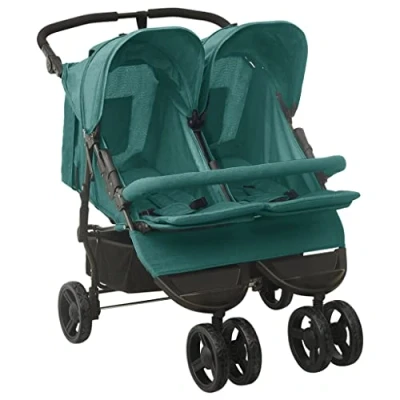 Abbildung von vidaXL Geschwisterwagen mit Frontstoßstange Korb Zusammenklappbar Verstellbar Kinderwagen Zwillingswagen Zwillingsbuggy Buggy Grün Stahl