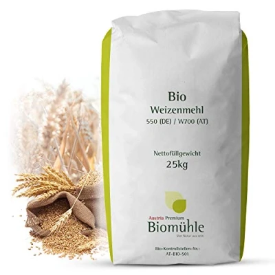 Abbildung von Bio Weizenmehl 25kg Typ 550 Hochwertiges Mehl gentechnikfrei und pestizid kontrolliert Ideal zum Backen von Brot, Brötchen Teig