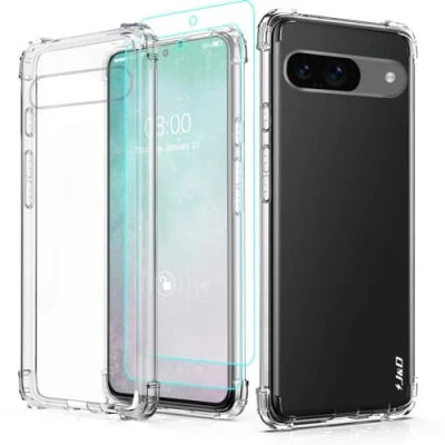 Abbildung von J&amp;D Kompatibel für Google Pixel 9 Hülle, Kristallklar Stoßdämpfend Handyhülle mit (2er Pack) Displayschutzfolie, Anti Gelb TPU Bumper Case for 9, Nicht Pro, Transparant