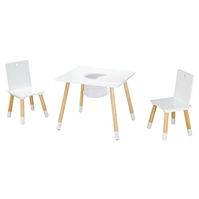 Abbildung von roba Kindersitzgruppe aus Holz mit Stauraum Kindermöbel Set 2 Kinderstühlen &amp; 1 Tisch Kindertisch inkl. Aufbewahrungsnetz Weiß / Natur