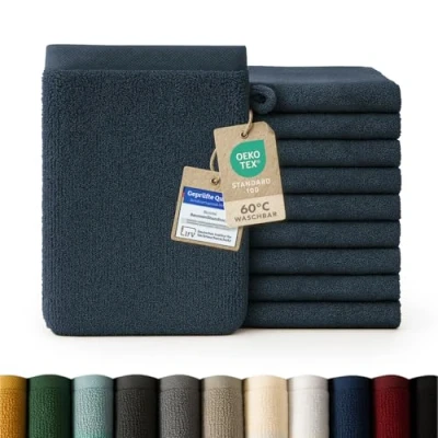 Abbildung von Blumtal Waschhandschuh 10er Set aus Frottee 15x20 cm weich und saugstark, (Set), mit modischer Bordüre praktischer Aufhängeschlaufe, 100% Baumwolle