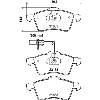 Abbildung von HELLA 8DB 355 008 931 Bremsbelagsatz mit integriertem Verschleißwarnkontakt VOLKSWAGEN: Transporter 4 Bus, Kastenwagen