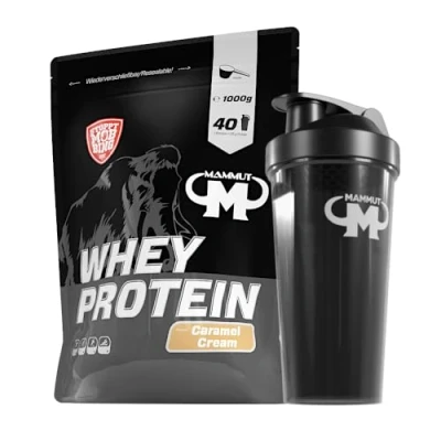 Abbildung von 1kg Mammut Whey Protein Eiweißshake Set inkl. Shaker, Riegel, Powderbank oder Tasse (Caramel Cream, Gratis Shaker)