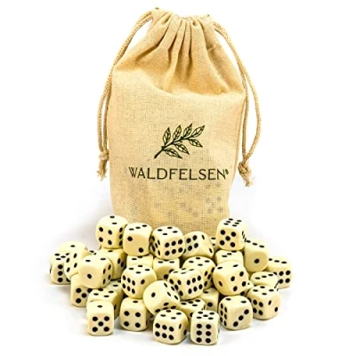 Abbildung von Waldfelsen 6, 12, 20, 30 oder 50 hochqualitative Würfel Standardgröße 16 mm Acrylwürfel Knobel Spielwürfel Dice 6 seitig sechsseitig Spielzubehör Set mit Stoffbeutel (Elfenbeinfarben, Stück)
