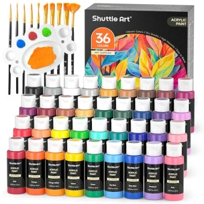 Abbildung von Shuttle Art Acrylfarben Set, 36 Acryl farben in Flaschen (je 60ml) mit 12 Pinselset &amp; 1 Palette, ungiftig, Acrylfarbe wasserfest für Künstler, Anfänger, Erwachsene auf Leinwand, Steine, Holz geeignet
