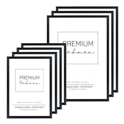 Abbildung von Hyggelig Home Rahmen Set 7 hochwertige Bilderrahmen aus Holz mit bruchsicherem Plexiglas 3 x DIN A3 + 4 A4 SCHWARZ