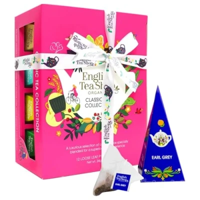 Abbildung von ETS Teegeschenk mit Schleife &quot;Klassische Tee Kollektion&quot; 12 versch. BIO Sorten: Früchtetee, Kräutertee, Grüner &amp; Schwarzer Geschenk zum Geburtstag Ostern Muttertag Pyramiden Beutel