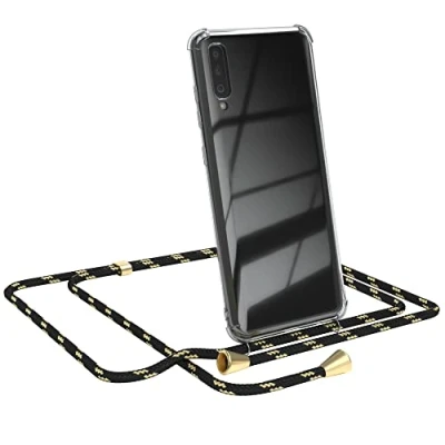 Abbildung von EAZY CASE Handykette kompatibel mit Samsung Galaxy A70 Handyhülle Umhängeband, Handykordel Schutzhülle, Silikonhülle, Hülle Band, Stylische Kette für Smartphone, Schwarz/Gold