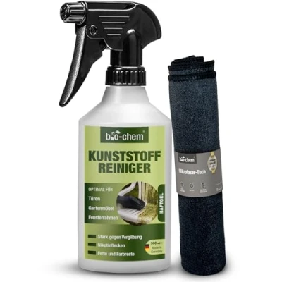 Abbildung von bio chem Kunststoffreiniger 500 ml + Mikrofasertuch, PVC Reiniger, Rauchgeruch Entferner, Nikotin Kraftreiniger für Kunststoff Fenster, Fenster Rahmen, Heizkörper, Gartenmöbel, u.v.m.