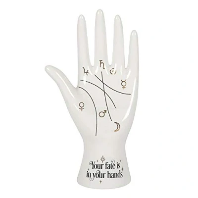 Abbildung von Moderne weiße Keramik Handarbeit, 19,5 cm x 10,5 cm, schickes Design mit metallisch goldenen Astrologie Symbolen, Text Your Fate is in Hands, vielseitig für Ringe und Zubehör