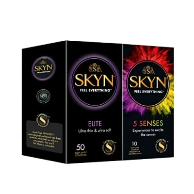 Abbildung von SKYN Elite Kondome (50 Stück) &amp; 5 Senses (10 Latexfreie, verendbar mit unser Lube