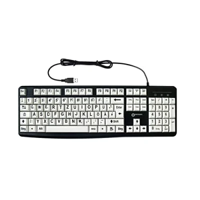 Abbildung von Geemarc Alphanumerische Tastatur mit Kabel und großen schwarzen Zeichen auf weißen Tasten Hoher Kontrast für Sehbehinderte Kompatibel Windows XP, Vista, 7, 8, 10 QWERTZ