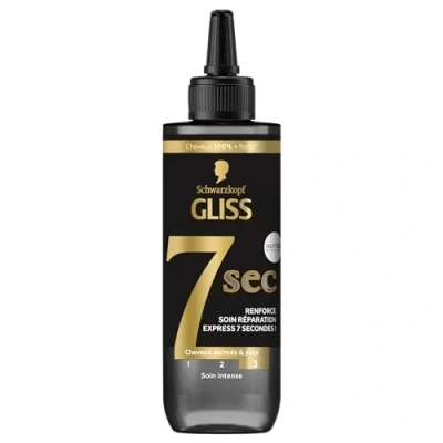Abbildung von Schwarzkopf Gliss Express Reparatur Pflege 7 Sekunden Ultimate Repair trockenes und geschädigtes Haar Glanz Stärke flüssiges Keratin schwarzes Perlenserum 200 ml