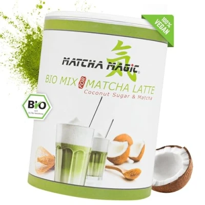 Abbildung von MatchaMagic Bio Matcha Latte Tee Pulver mit Kokosblütenzucker aus Japan für leckeren (3x200g Dose)