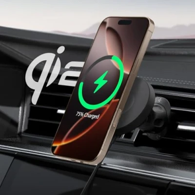 Abbildung von Spigen OneTap Pro 4 Qi2 15W MagSafe Autohalterung mit Ladefunktion, Zertifiziert, Lüftungsclip Ladegerät, Schellladen, Auto Handyhalterung für iPhone 16 15 14 13 12 Max Plus Mini Schwarz