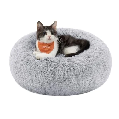Abbildung von Feandrea Hundebett flauschig, Katzenbett, Donut Kissen, waschbar, Polsterung in der Mitte herausnehmbar, Langer Plüsch, 40 cm Durchmesser, Ombré Grau PGW036G01
