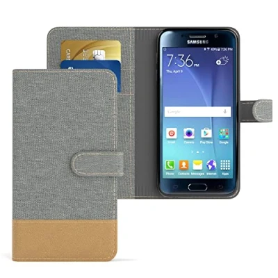 Abbildung von EAZY CASE Tasche kompatibel mit Samsung Galaxy S6 Stoff Schutzhülle Standfunktion Klapphülle Bookstyle, Handytasche Handyhülle Magnetverschluss und Kartenfach, Kunstleder, Hellgrau