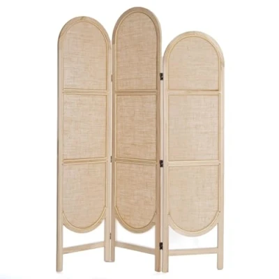 Abbildung von CREEDWOOD RAUMTEILER Arco Leinen/Holz, 3 teilig,170x120 cm klappbarer Paravent, Natur Stellwand, Trennwand, Raumtrenner, Faltwand, Sichtschutz, braun Ankleidewand