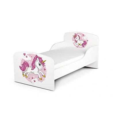 Abbildung von Leomark Funktionsbett aus Holz Lovely Unicorn Kinderbett mit Matratze, Seitenschutz Lattenrost, Liegefläche 70/140 cm, UV Druck