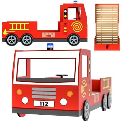 Abbildung von Casaria® Kinderbett 90x200cm mit Rausfallschutz Lattenrost 100KG belastbar 3D Leuchte Sirene Lenkrad Feuerwehr Bett Jugendbett Juniorbett Autobett Rot