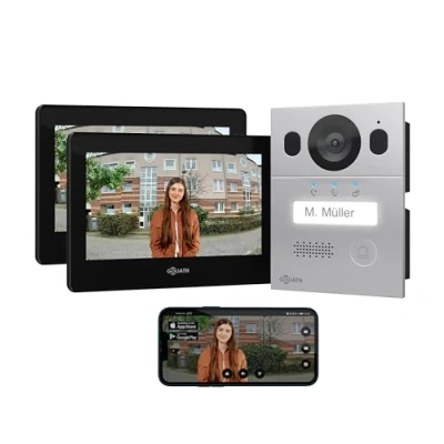 Abbildung von GOLIATH Basic Video Türsprechanlage, 2 Draht Bus, 2X 7 Monitor, Aufputz Türklingel mit Kamera, Gegensprechanlage Türöffner und Klingel, 1 Familienhaus, Plug &amp; Play, Smartphone App, AV BLS 08A