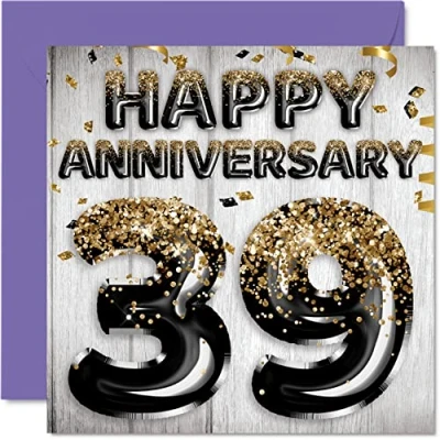 Abbildung von Tolle Karte zum 39. Jahrestag für Ehemann Freund Ehefrau Freundin schwarz goldene Glitzer Luftballons Happy 39 Anniversary Cards from Family 145 mm x Grußkarten Jubiläen