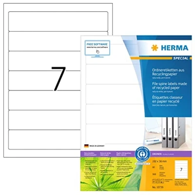 Abbildung von HERMA 10739 Recycling Ordnerrücken Etiketten kurz schmal, 80 Blatt, 192 x 38 mm, 7 pro A4 Bogen, 560 Stück, selbstklebend, bedruckbar, blickdicht, Ordneretiketten Rückenschilder Aufkleber, natur weiß