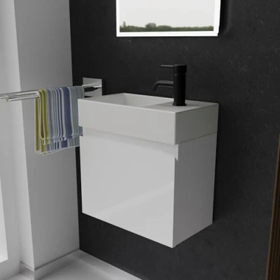 Abbildung von Alpenberger Gäste WC Waschbecken mit Unterschrank 45 cm Breit Waschtisch Set Klein Aufsatzwaschbecken Waschtischunterschrank Hängend Möbel Hängeschrank Waschbeckenunterschrank Weiß