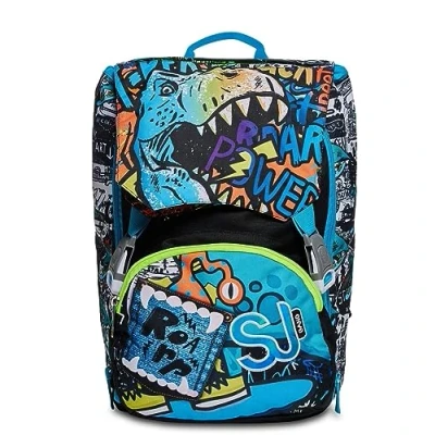 Abbildung von SJ Gang erweiterbarer Schulrucksack, Blau Schwarz, Flip 3D Boy, Doppelter Rucksack mit ausziehbaren Klappen, Dinosaurier, Grundschule und Freizeit, Kinder, blau, M, amerikanisch