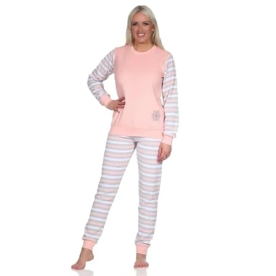 Abbildung von Normann Pyjama Geringelter Damen Frottee Schlafanzug langarm mit Eiskristall