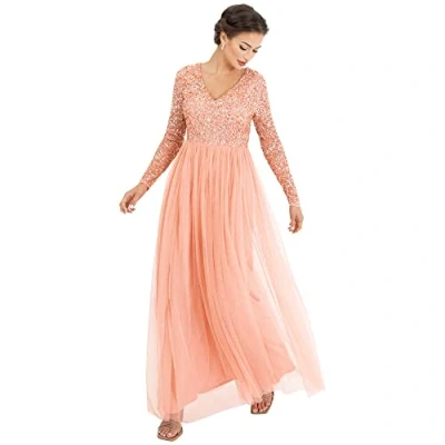 Abbildung von Maya Deluxe Damen Womens Ladies Dress Sleeve for Wedding Guest V Neck High Empire Waist Maxi Long Length Evening Bridesmaid Prom Kleid, apricot, 34