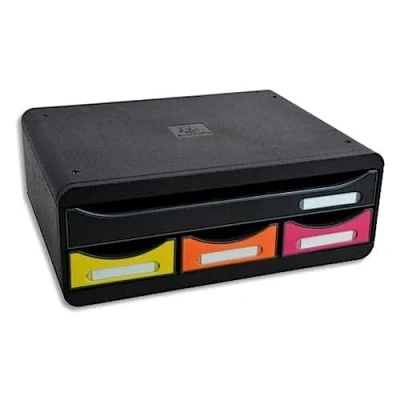 Abbildung von Exacompta 319798D Toolbox Iderama mit 4 Schubladen aus Recycling Kunststoff zur Aufbewahrung kleiner Utensilien 27 x 35,5 13,5 cm. Ideal für Büro und Schreibtisch. Blauer Engel schwarzbunt
