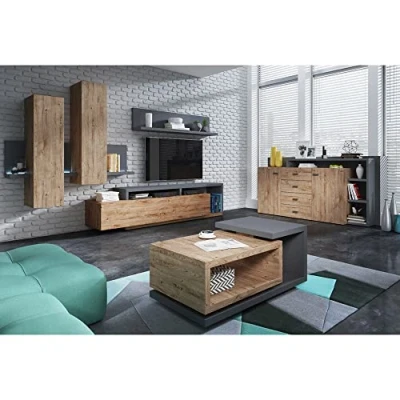Abbildung von Lomadox Wohnwand inkl. Sideboard Couchtisch und LED Beleuchtung in Eiche Ribbeck Nb. mit Absetzungen anthrazit, B/H/T: ca. 300/200/45 cm