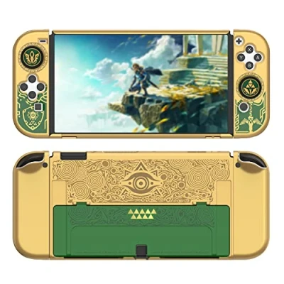 Abbildung von IINE Dockable Switch OLED Schutzhülle,Hartschalen Schutzhülle Kompatibel für NintendoSwitch OLED,Switch Case Protector mit komfortablen Joy Con Griffabdeckungen,2 Joystick Daumenkappen,Gold,Grün