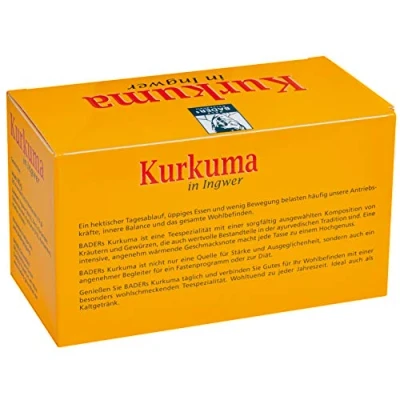 Abbildung von BADERs Kurkuma in Ingwer Tee aus der Apotheke. Erlesener Gewürztee nach ayurvedischer Tradition, 20 Aromaschutz Filterbeutel